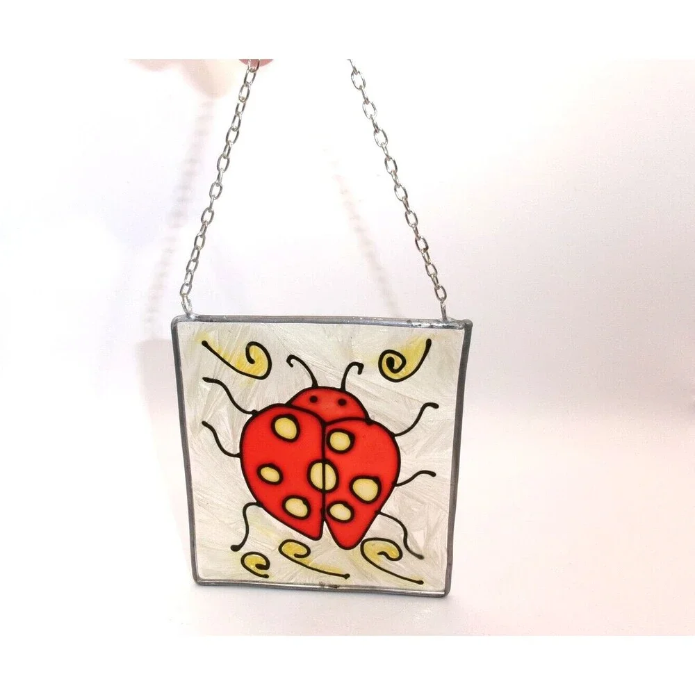 Ladybug Suncatcher Faux Stained Glass Look Painted Design on Chain 4x4 inches